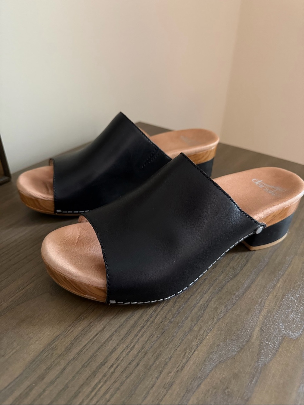 Dansko Black Leather Open-Toe Clog Mules